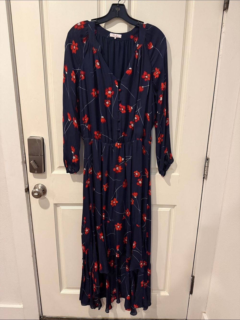 Parker Navy High Low Navy Dress with Red Floral Print